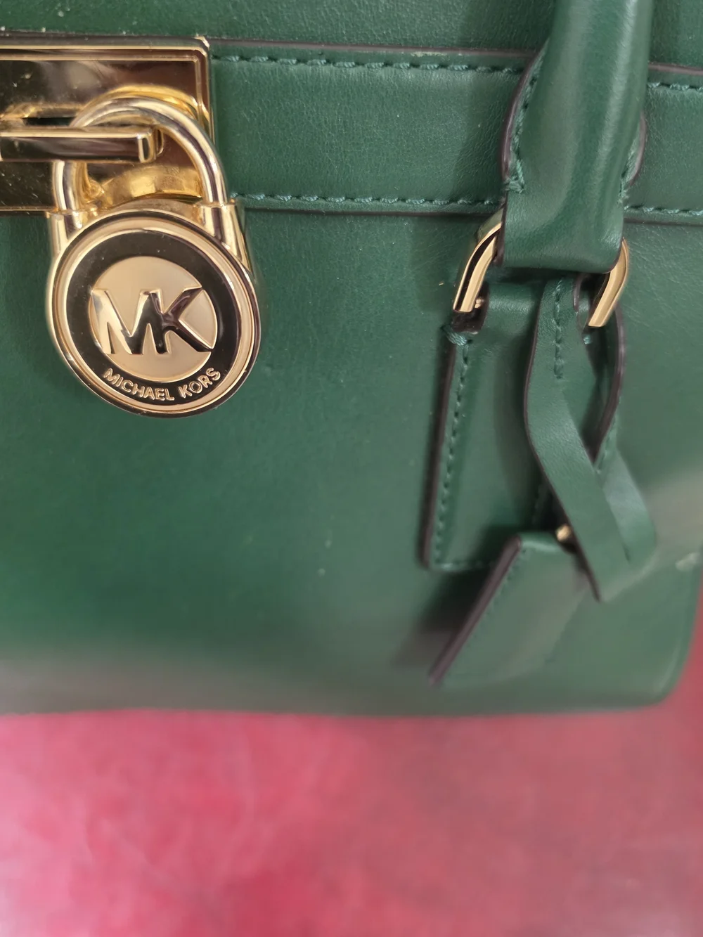 Michael Kors- Green Leather Top-Handle Tote with Gold Lock